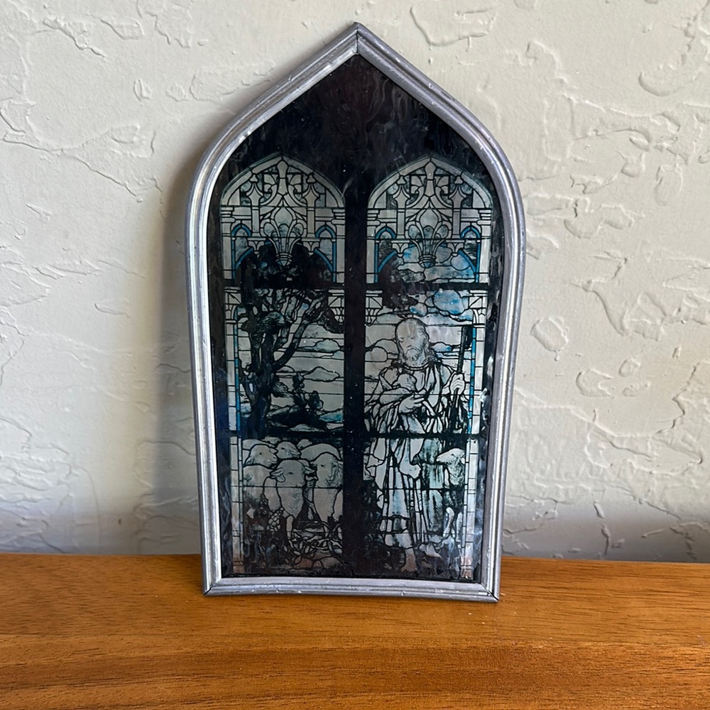 Silver Framed Stained Jesus and Sheep Religious Glass Art heavy‎ metal